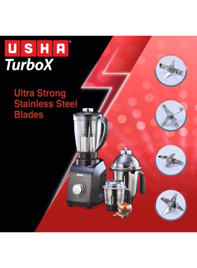 USHA 1200W TurboX Mixer Grinder | Faster and finer grinding | 100% Copper motor for long life, durability | 4 Stainless Steel Jars With Fruit Filter | 24000 rpm | 90 minutes continuous run time - Image 3